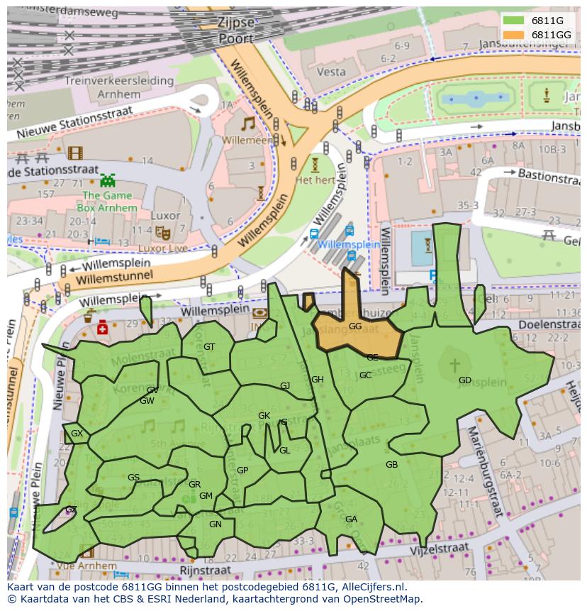 Afbeelding van het postcodegebied 6811 GG op de kaart.