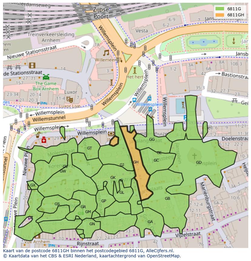 Afbeelding van het postcodegebied 6811 GH op de kaart.