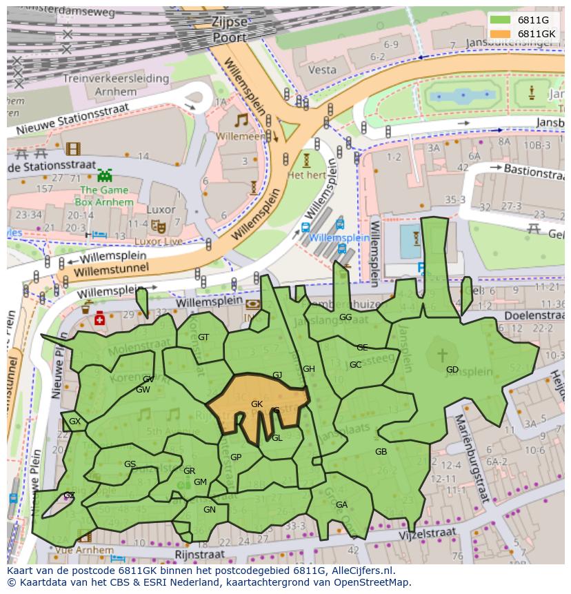 Afbeelding van het postcodegebied 6811 GK op de kaart.