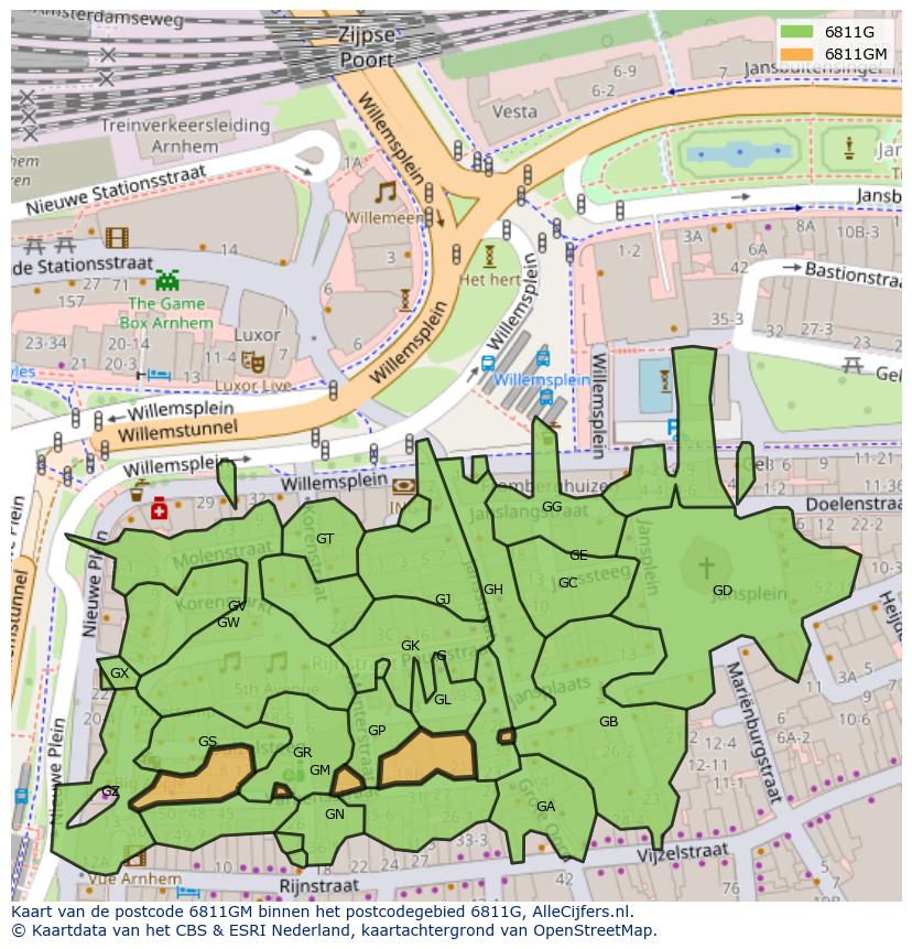 Afbeelding van het postcodegebied 6811 GM op de kaart.