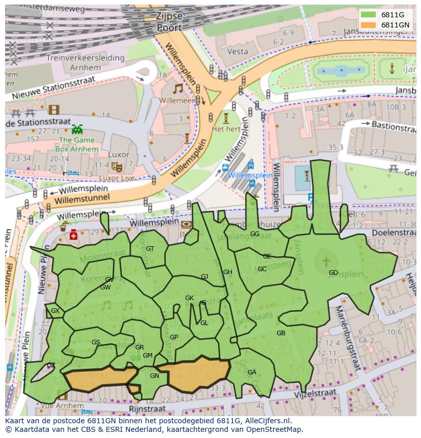 Afbeelding van het postcodegebied 6811 GN op de kaart.