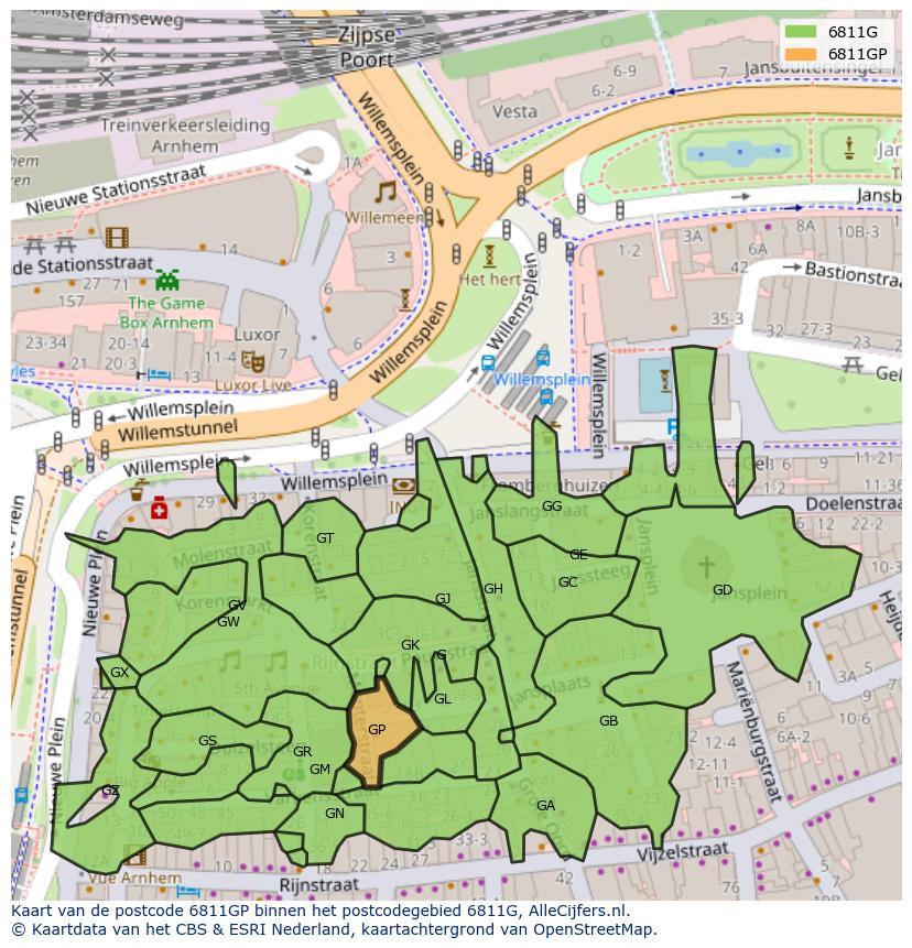 Afbeelding van het postcodegebied 6811 GP op de kaart.