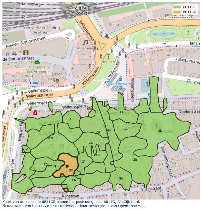 Afbeelding van het postcodegebied 6811 GR op de kaart.