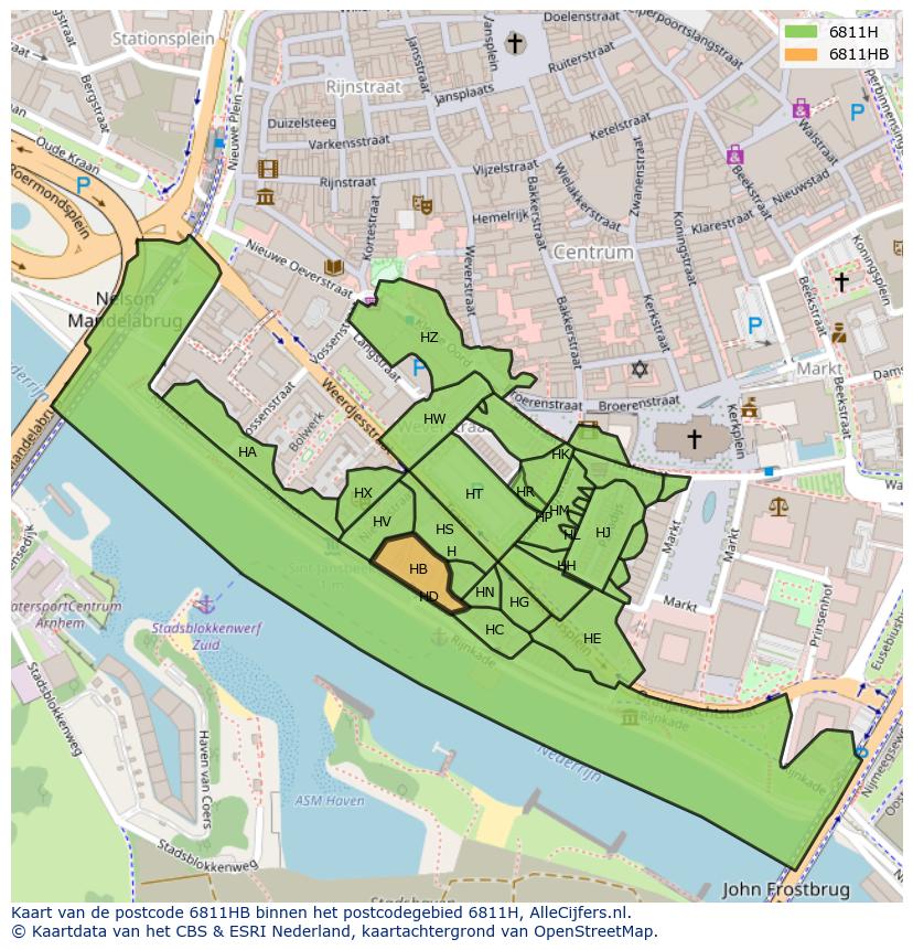 Afbeelding van het postcodegebied 6811 HB op de kaart.