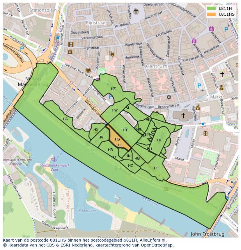 Afbeelding van het postcodegebied 6811 HS op de kaart.