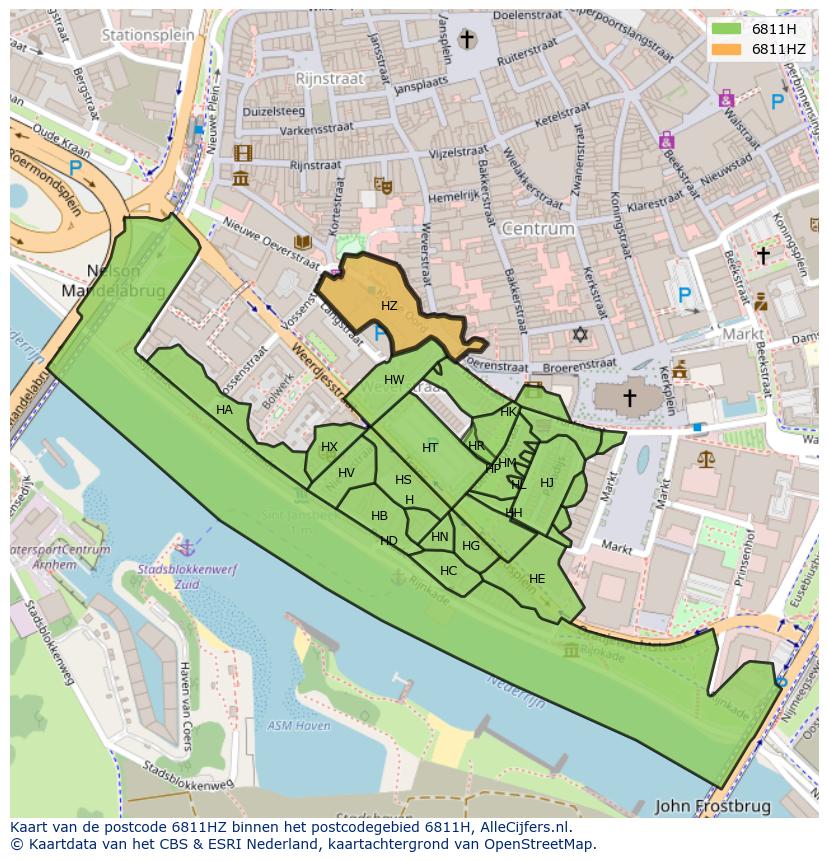 Afbeelding van het postcodegebied 6811 HZ op de kaart.
