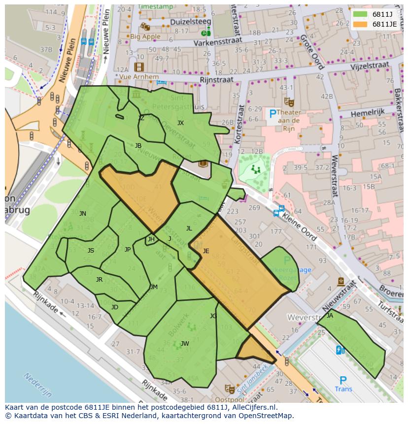 Afbeelding van het postcodegebied 6811 JE op de kaart.