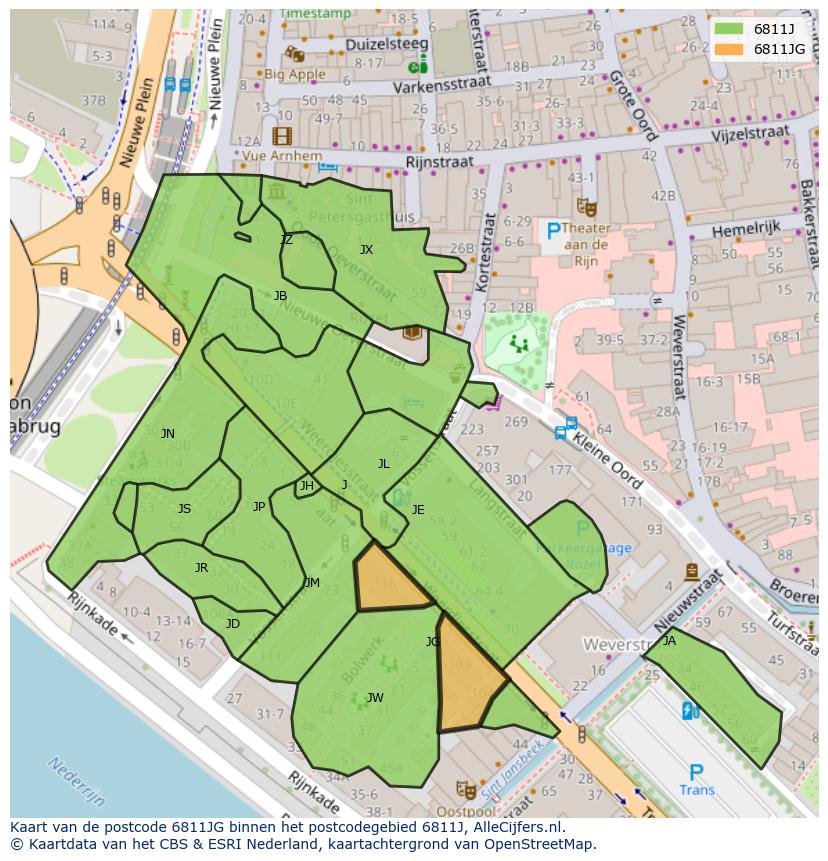 Afbeelding van het postcodegebied 6811 JG op de kaart.