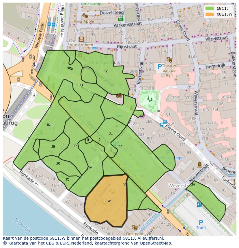 Afbeelding van het postcodegebied 6811 JW op de kaart.