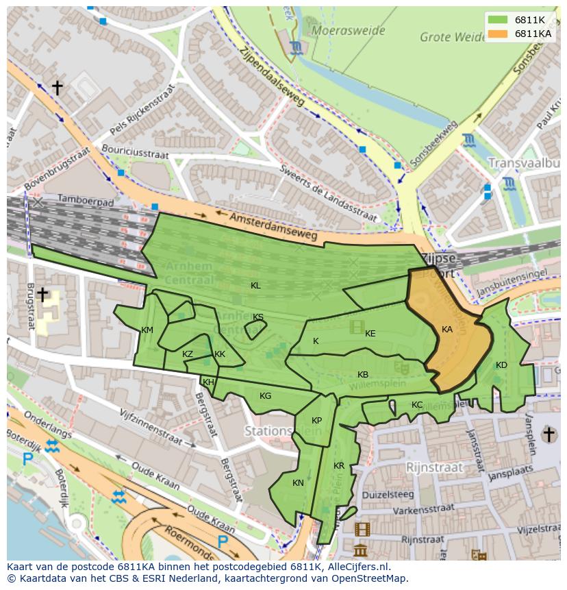 Afbeelding van het postcodegebied 6811 KA op de kaart.