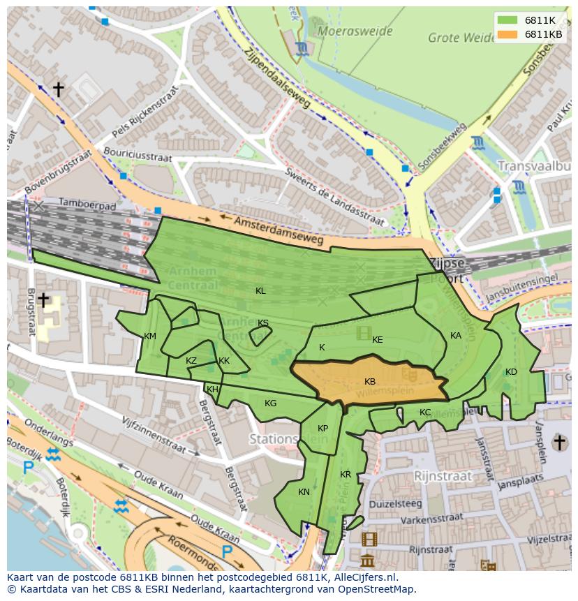 Afbeelding van het postcodegebied 6811 KB op de kaart.