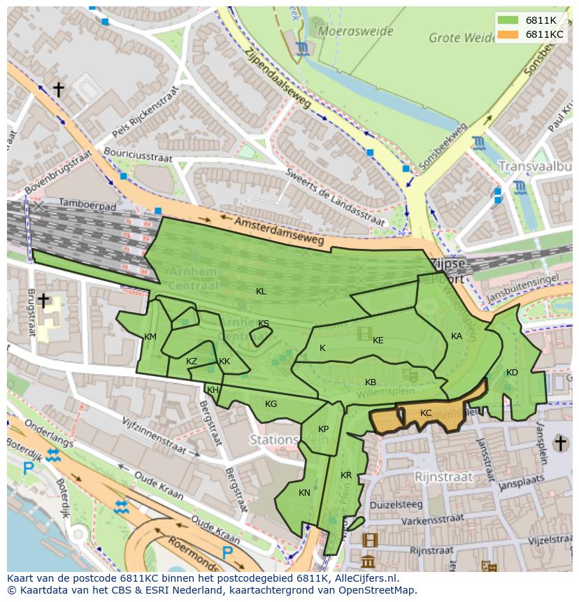 Afbeelding van het postcodegebied 6811 KC op de kaart.