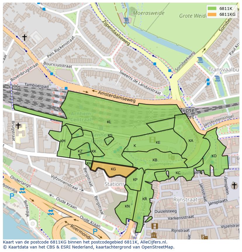 Afbeelding van het postcodegebied 6811 KG op de kaart.