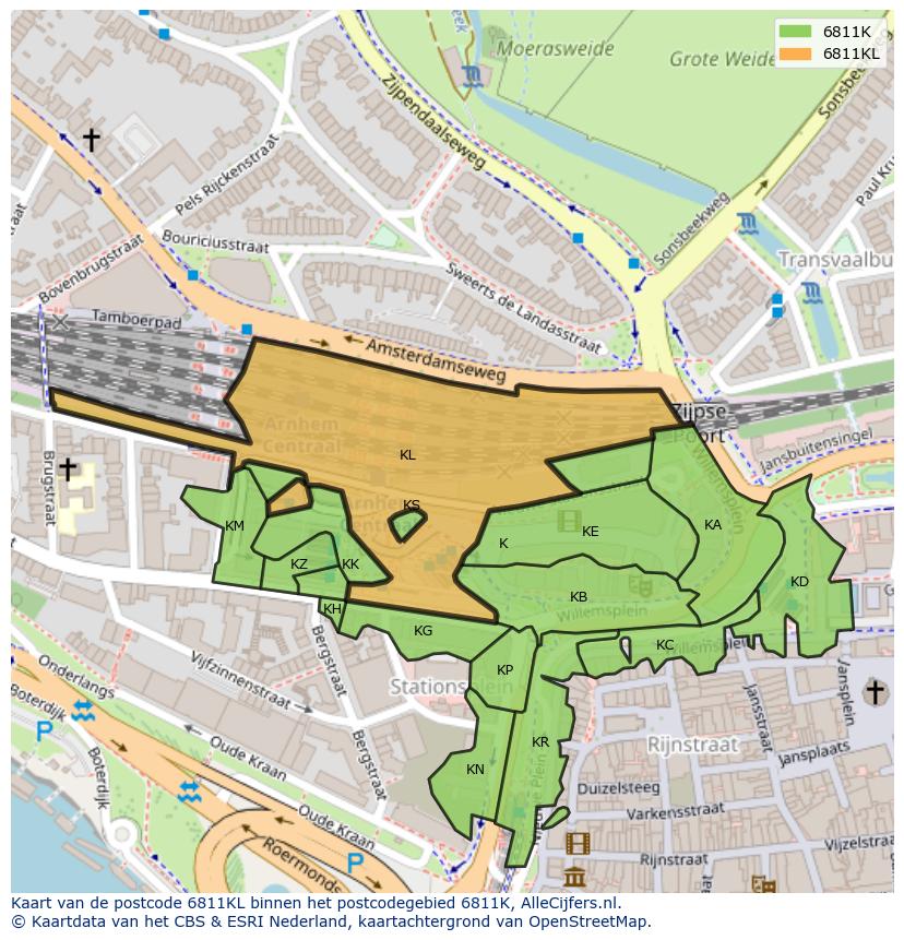 Afbeelding van het postcodegebied 6811 KL op de kaart.