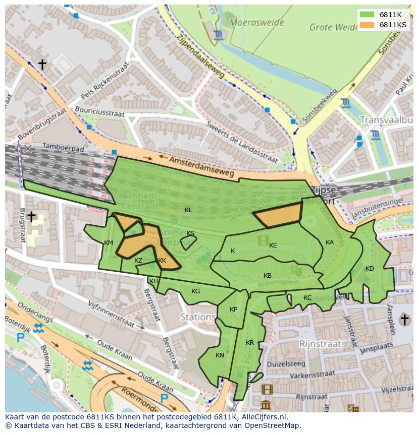 Afbeelding van het postcodegebied 6811 KS op de kaart.