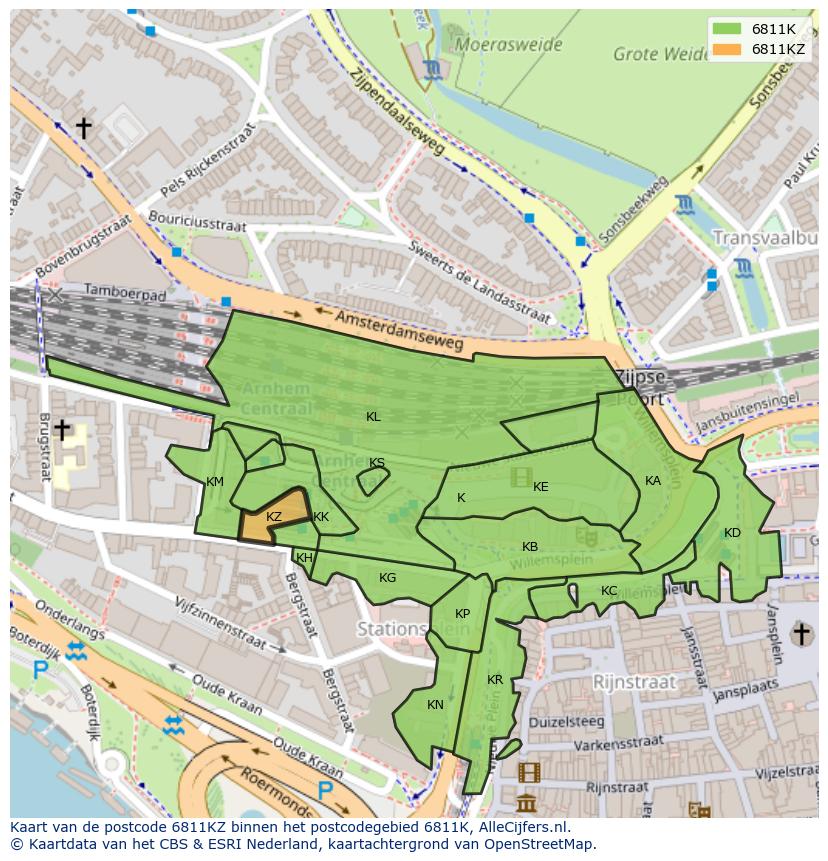Afbeelding van het postcodegebied 6811 KZ op de kaart.