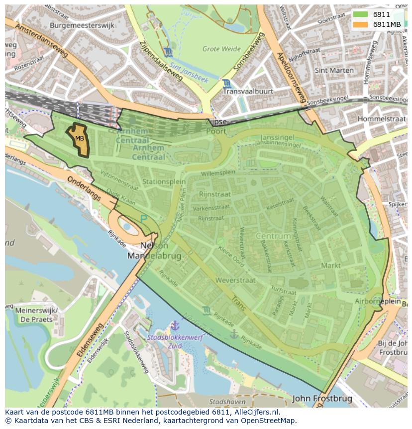 Afbeelding van het postcodegebied 6811 MB op de kaart.