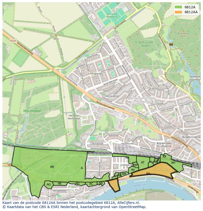 Afbeelding van het postcodegebied 6812 AA op de kaart.