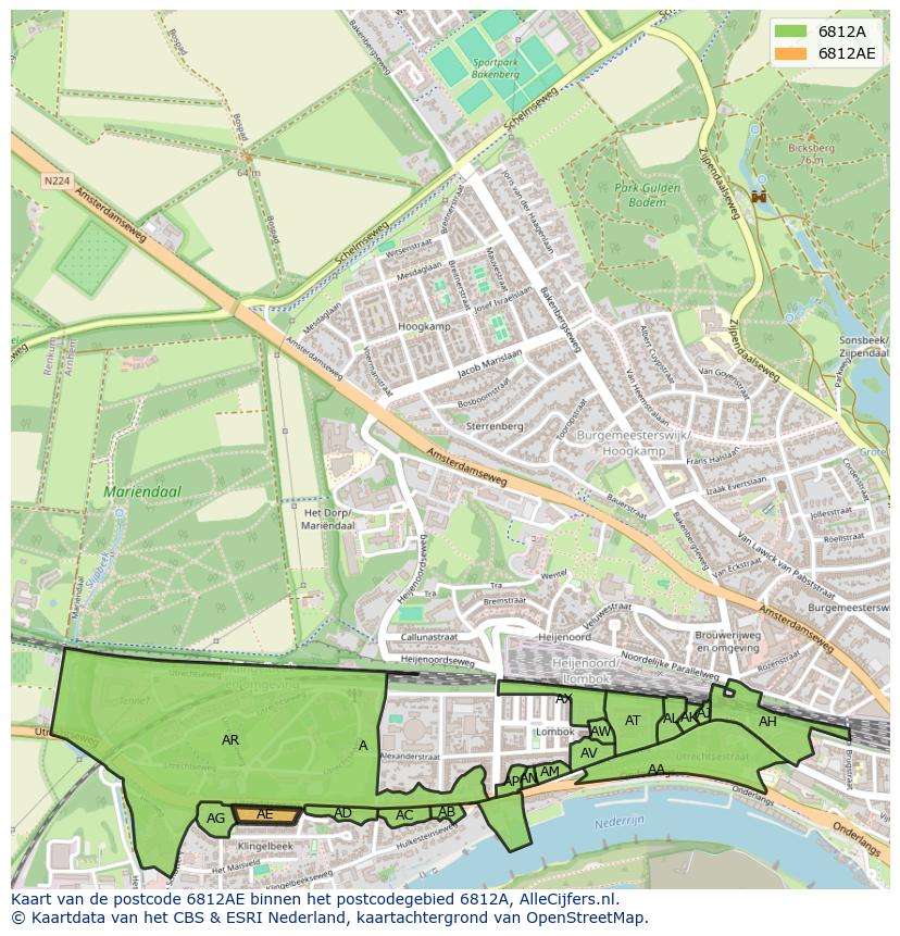 Afbeelding van het postcodegebied 6812 AE op de kaart.