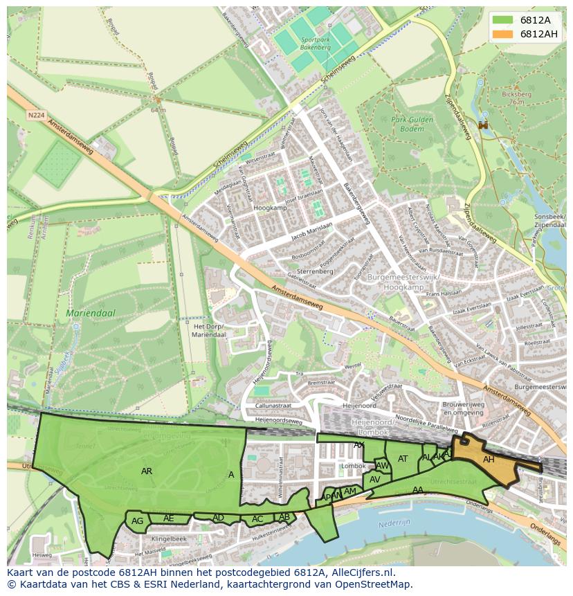Afbeelding van het postcodegebied 6812 AH op de kaart.