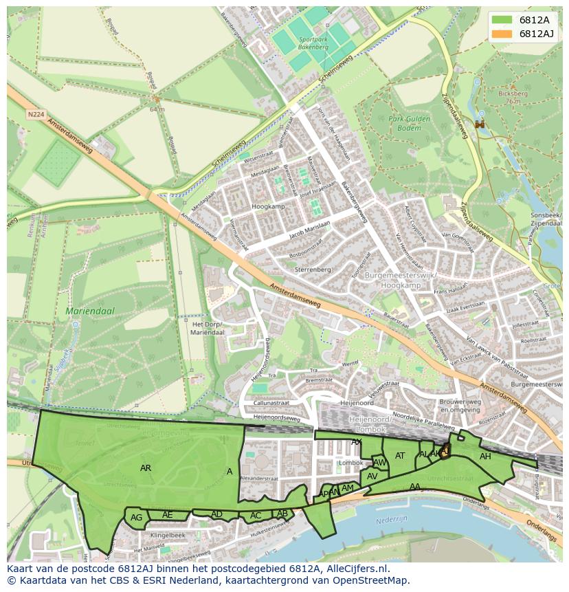 Afbeelding van het postcodegebied 6812 AJ op de kaart.