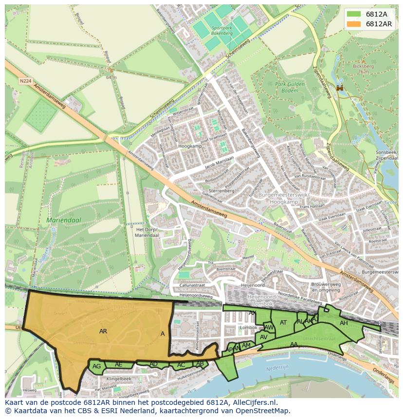 Afbeelding van het postcodegebied 6812 AR op de kaart.
