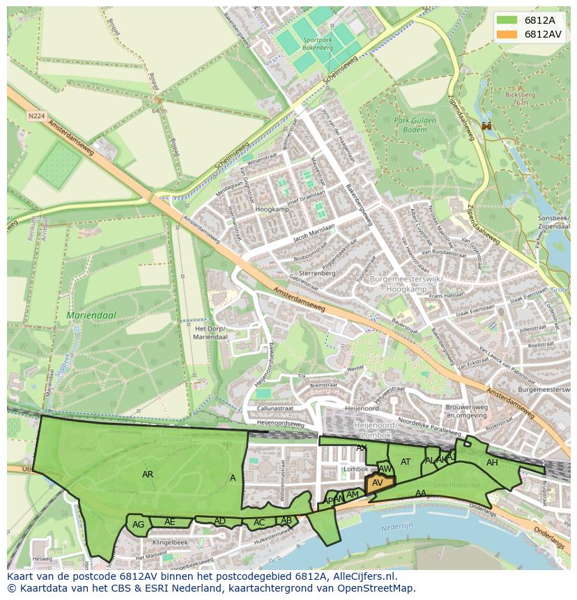 Afbeelding van het postcodegebied 6812 AV op de kaart.