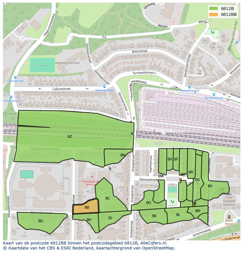 Afbeelding van het postcodegebied 6812 BB op de kaart.