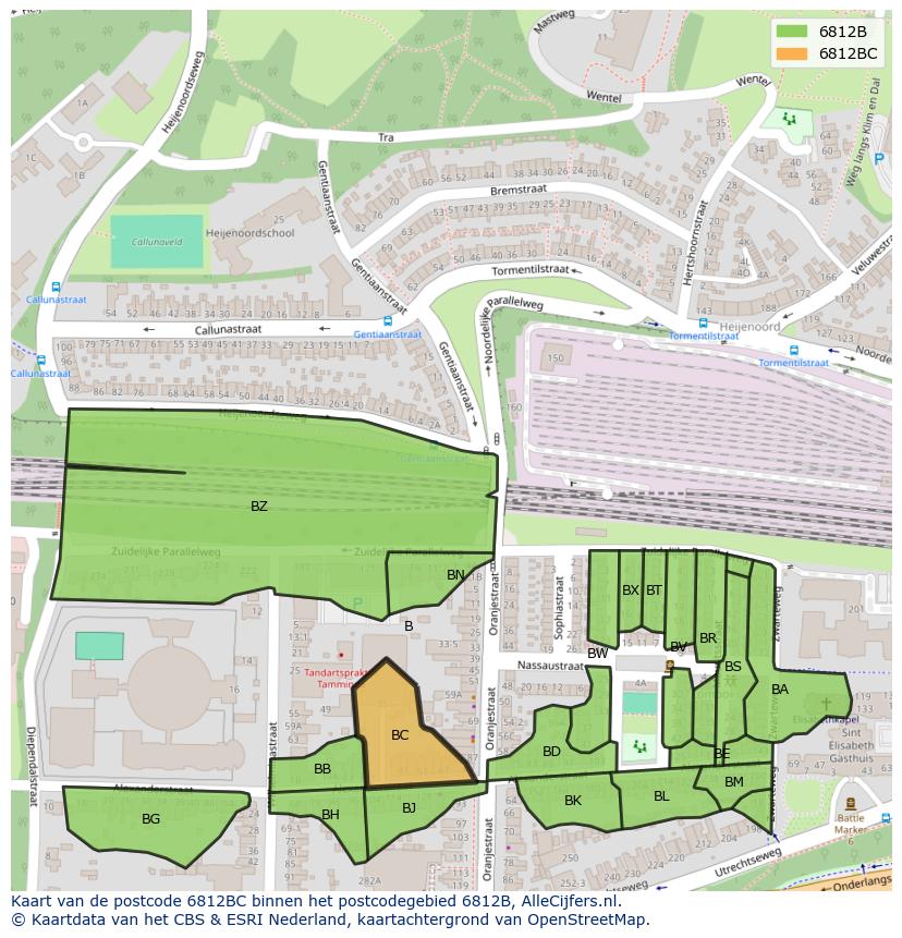 Afbeelding van het postcodegebied 6812 BC op de kaart.