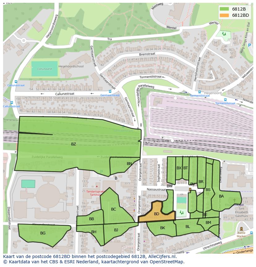 Afbeelding van het postcodegebied 6812 BD op de kaart.