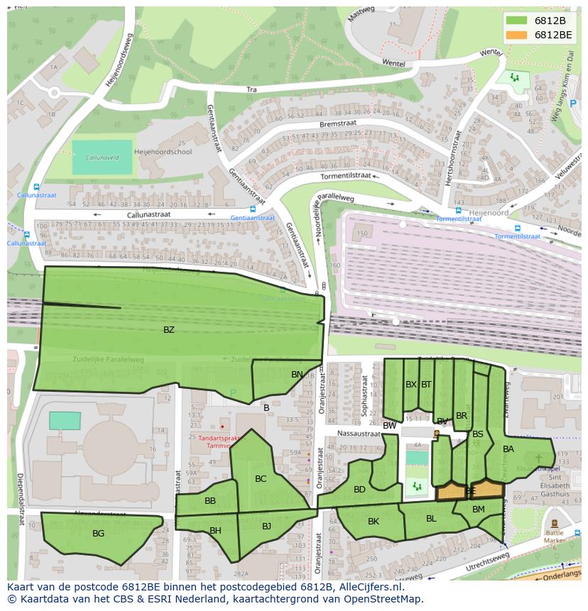 Afbeelding van het postcodegebied 6812 BE op de kaart.