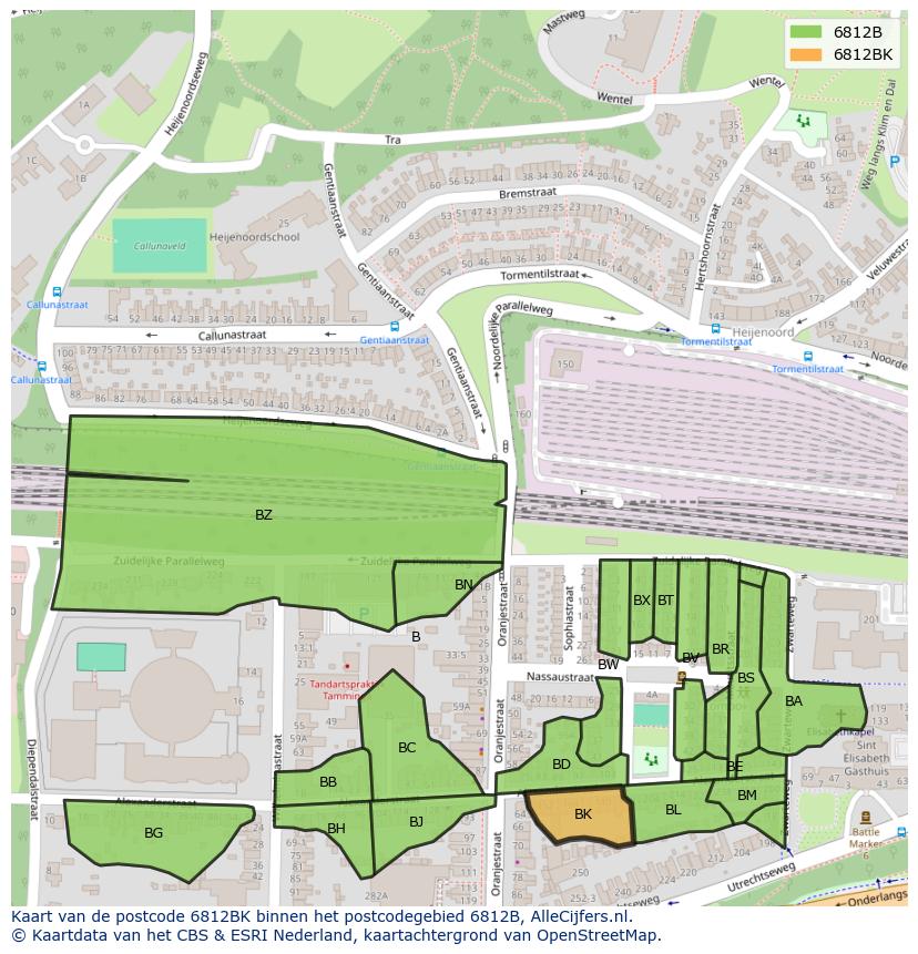 Afbeelding van het postcodegebied 6812 BK op de kaart.