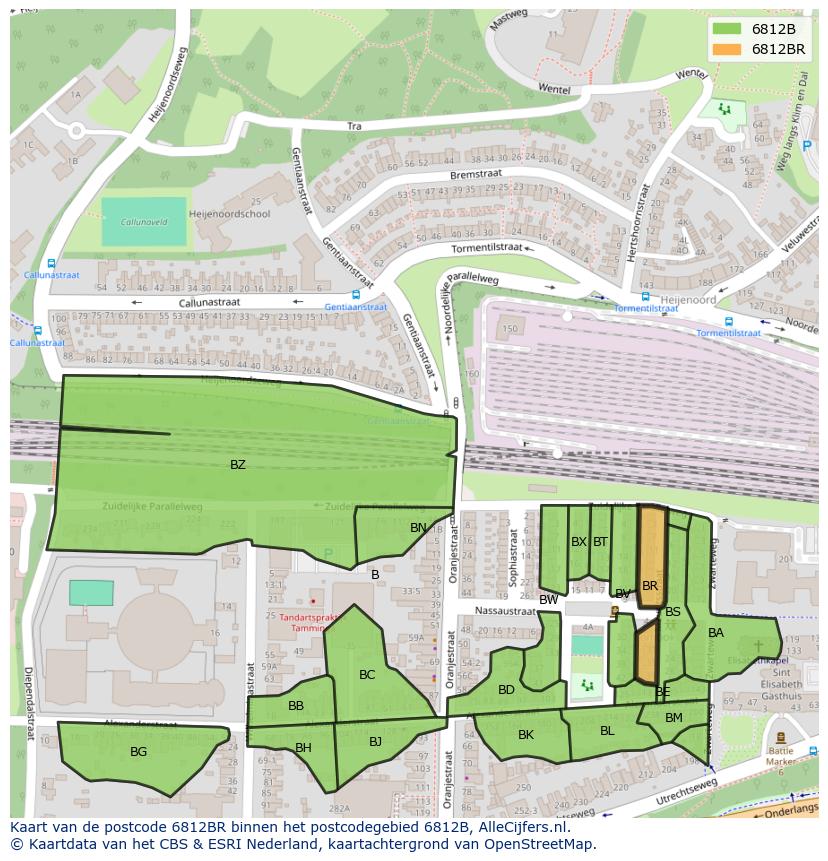 Afbeelding van het postcodegebied 6812 BR op de kaart.