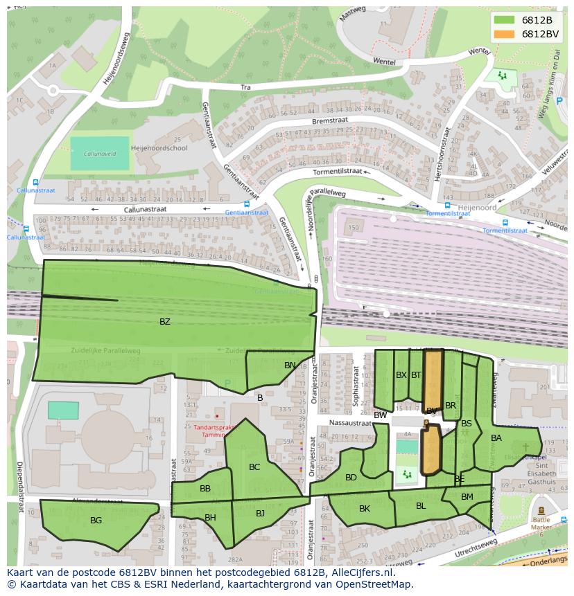 Afbeelding van het postcodegebied 6812 BV op de kaart.