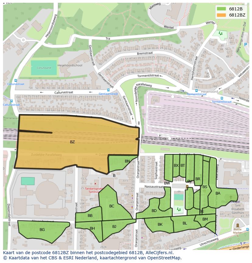 Afbeelding van het postcodegebied 6812 BZ op de kaart.