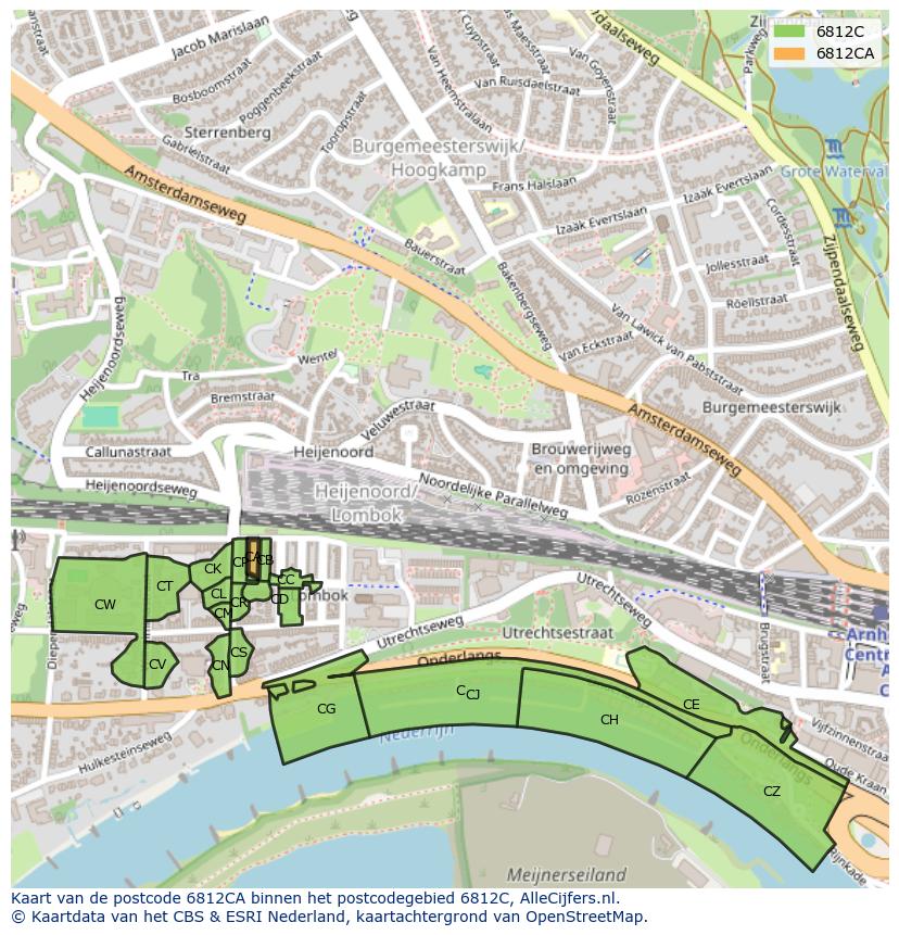 Afbeelding van het postcodegebied 6812 CA op de kaart.