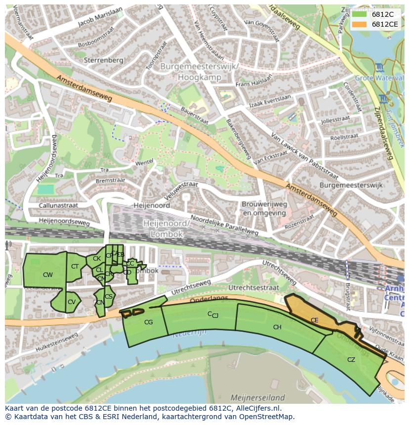 Afbeelding van het postcodegebied 6812 CE op de kaart.