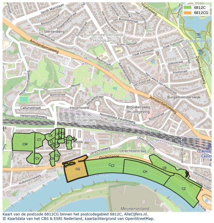 Afbeelding van het postcodegebied 6812 CG op de kaart.
