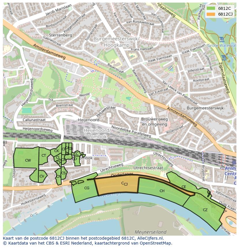 Afbeelding van het postcodegebied 6812 CJ op de kaart.