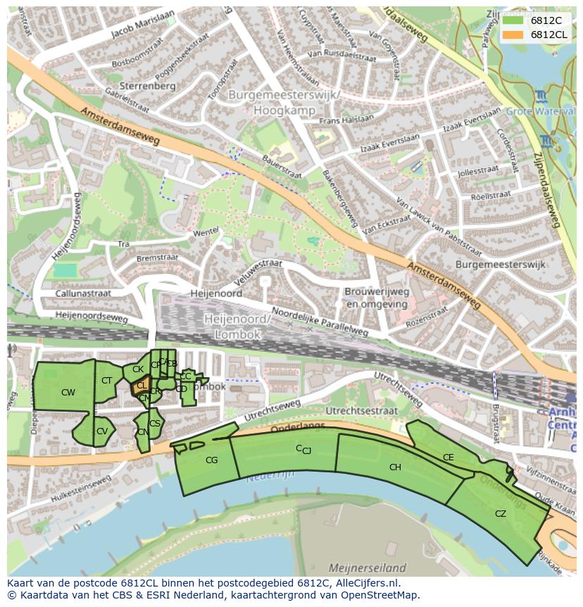 Afbeelding van het postcodegebied 6812 CL op de kaart.