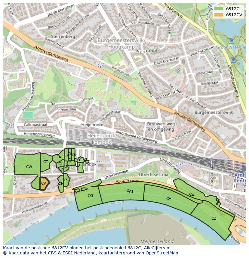 Afbeelding van het postcodegebied 6812 CV op de kaart.