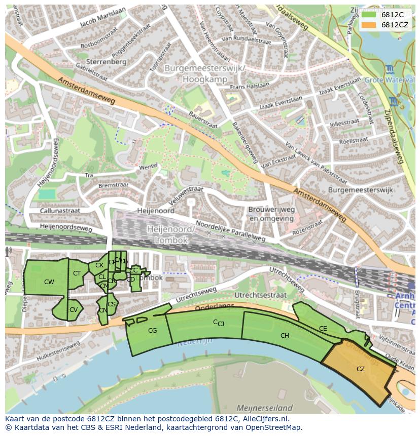 Afbeelding van het postcodegebied 6812 CZ op de kaart.