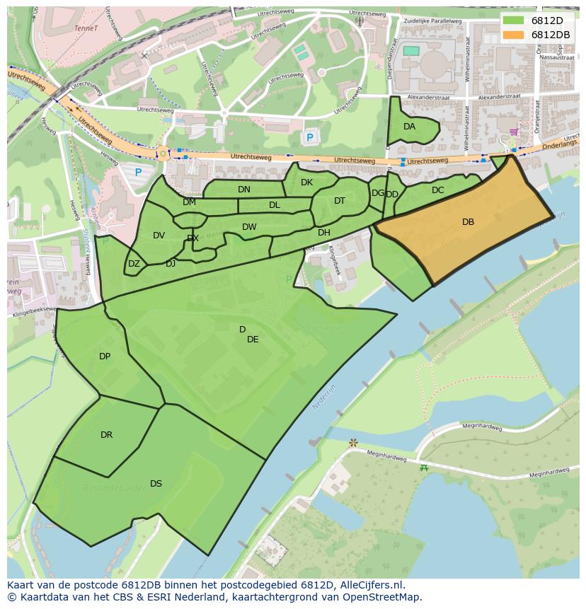 Afbeelding van het postcodegebied 6812 DB op de kaart.
