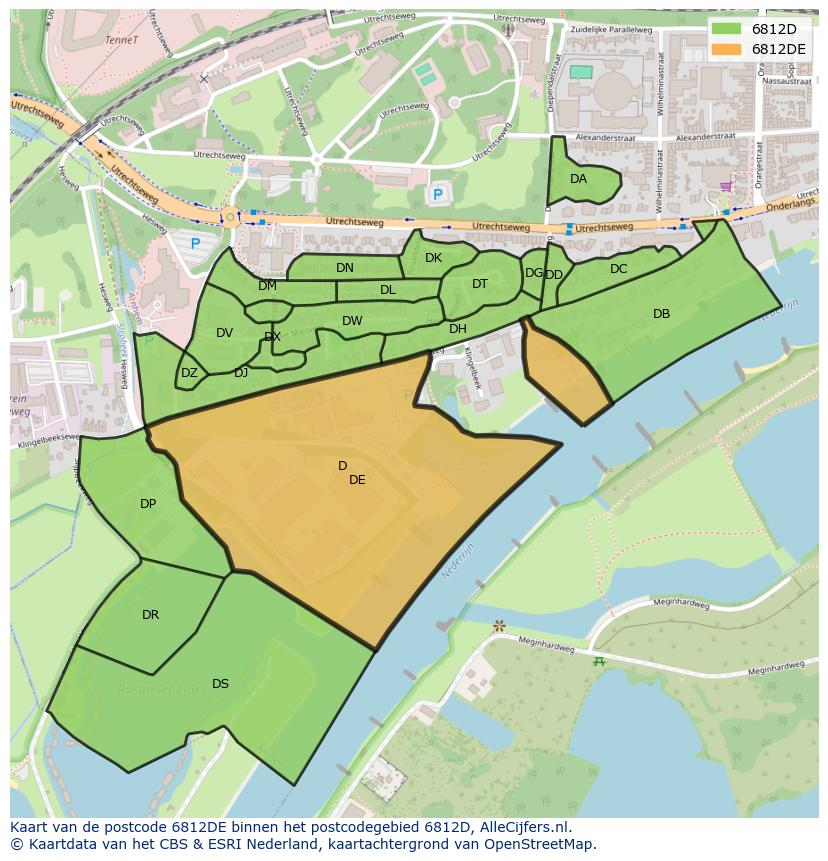 Afbeelding van het postcodegebied 6812 DE op de kaart.