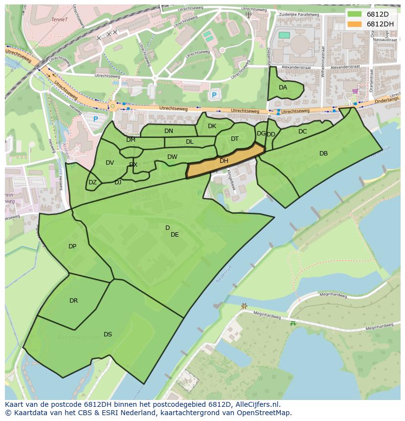Afbeelding van het postcodegebied 6812 DH op de kaart.