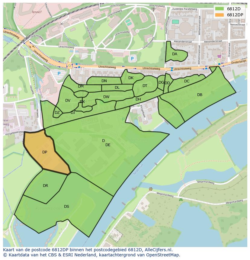 Afbeelding van het postcodegebied 6812 DP op de kaart.