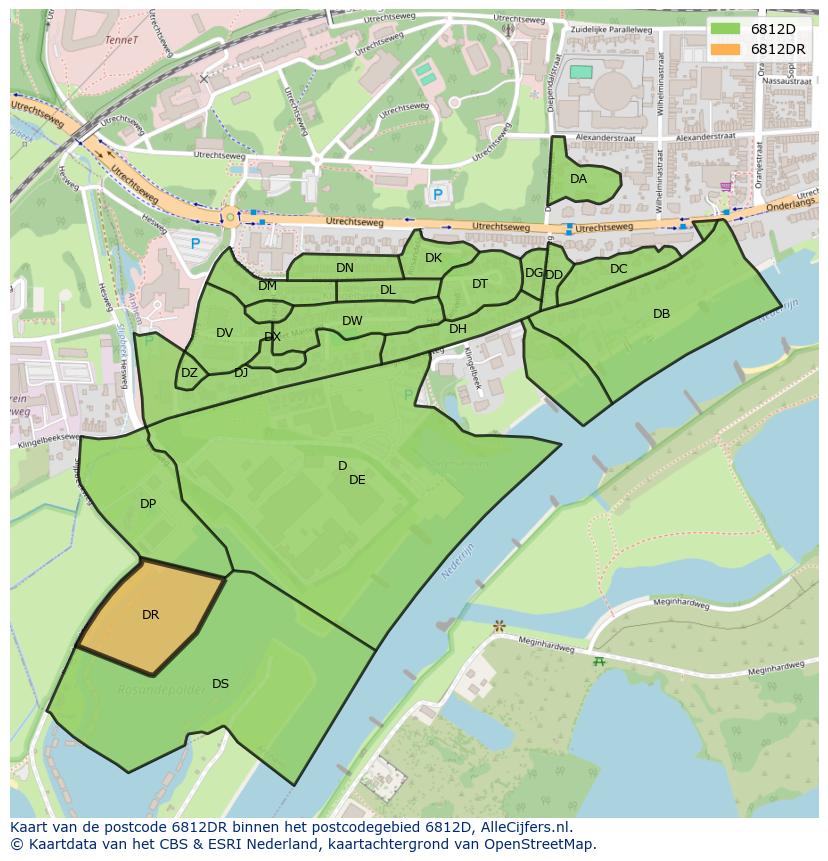 Afbeelding van het postcodegebied 6812 DR op de kaart.