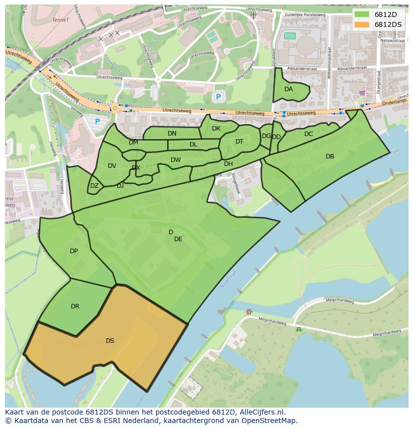 Afbeelding van het postcodegebied 6812 DS op de kaart.