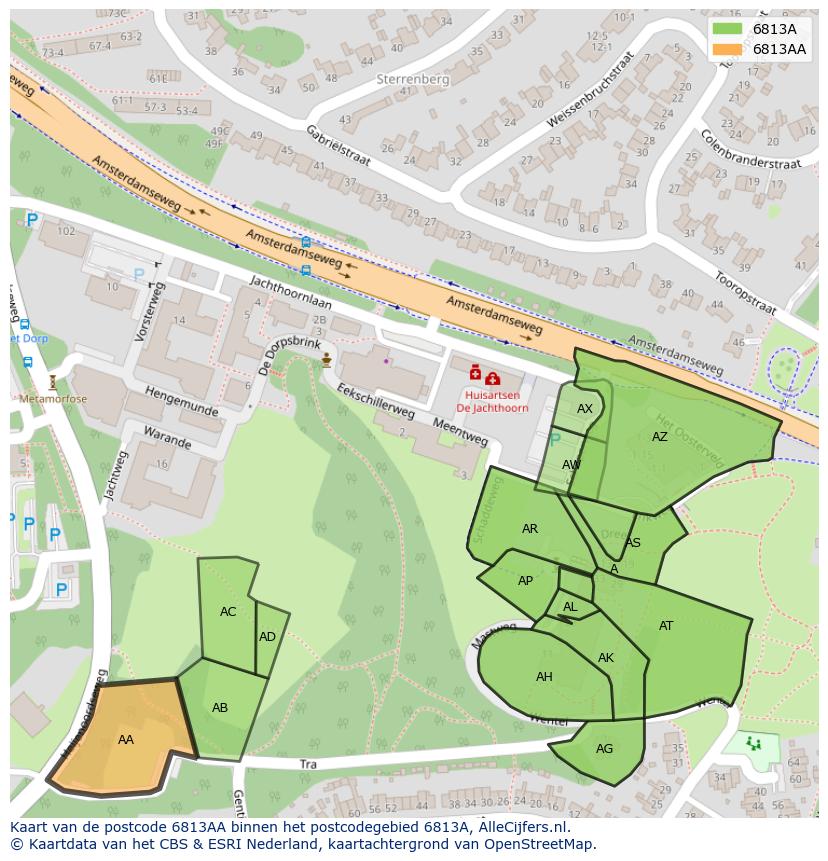 Afbeelding van het postcodegebied 6813 AA op de kaart.