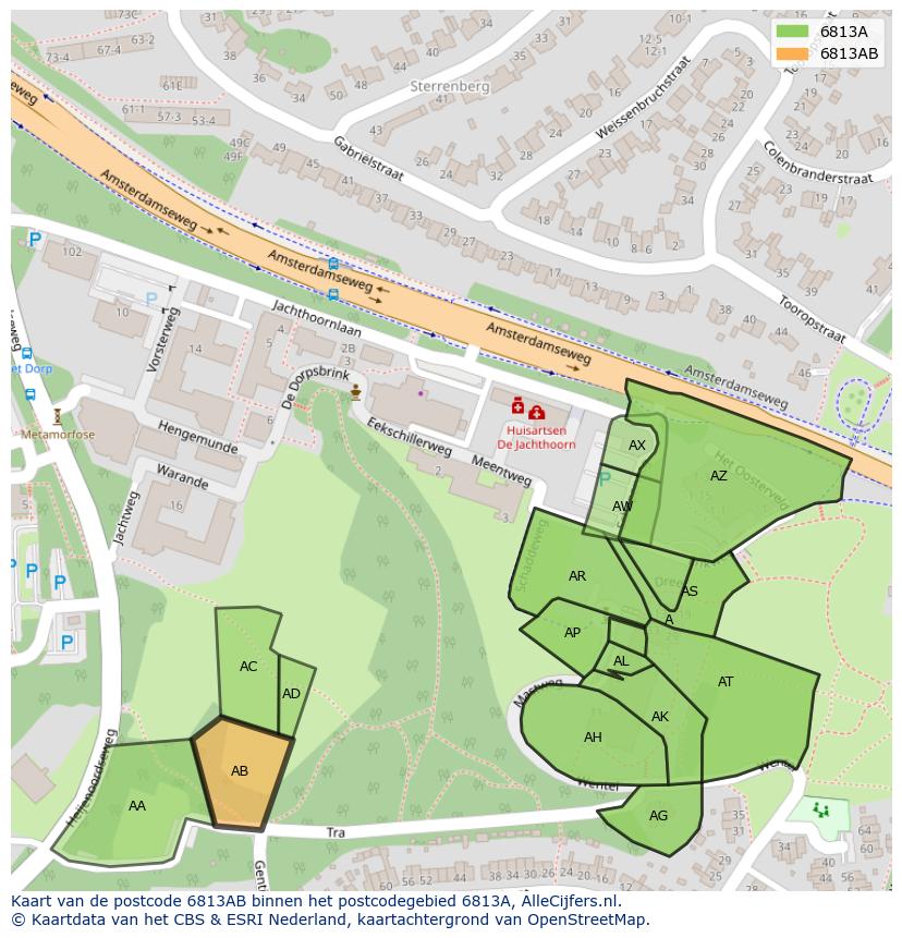 Afbeelding van het postcodegebied 6813 AB op de kaart.